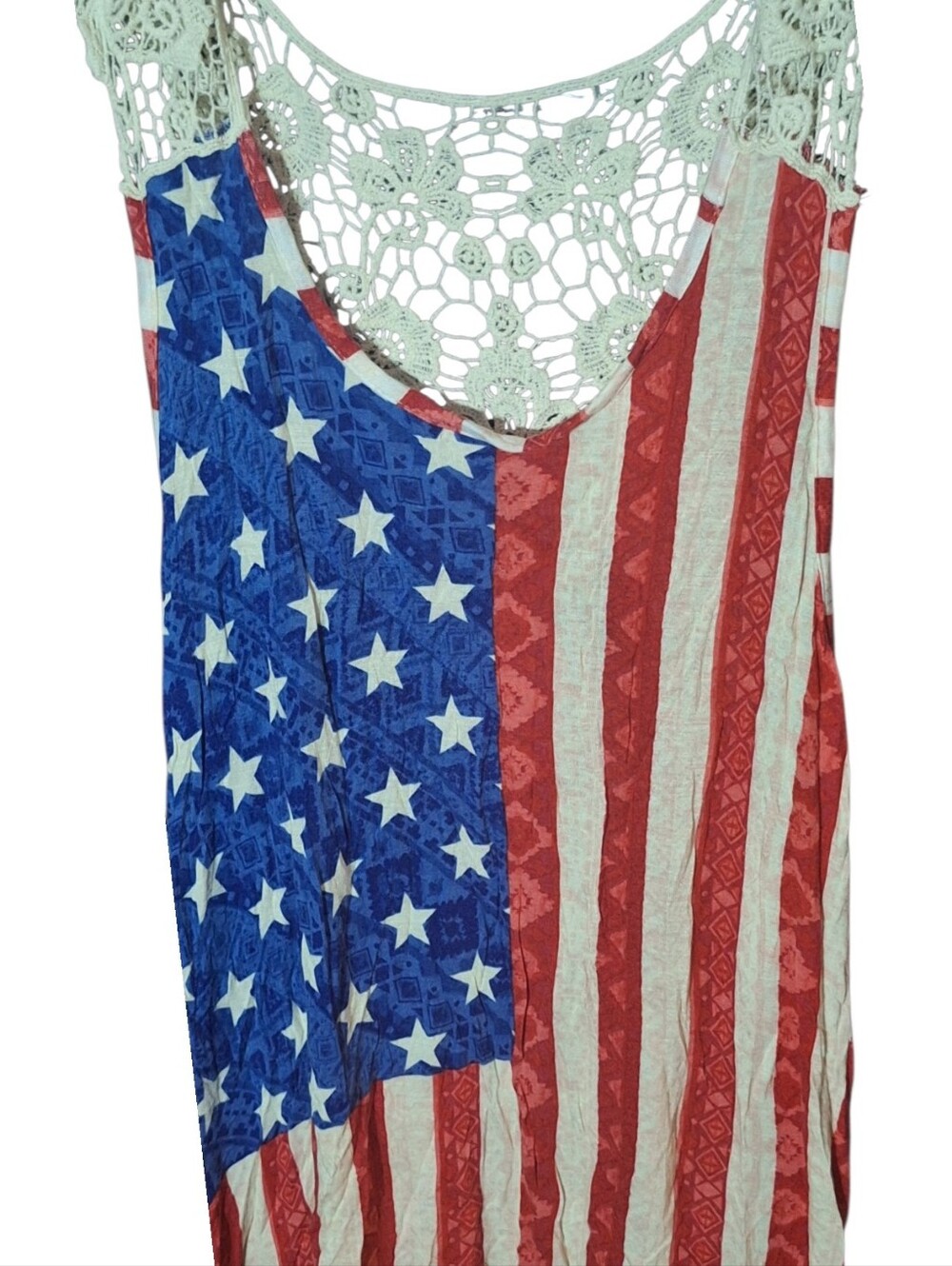 American Flag Lace Tank Top Womens L Patriotic 4th July USA Crochet Concert